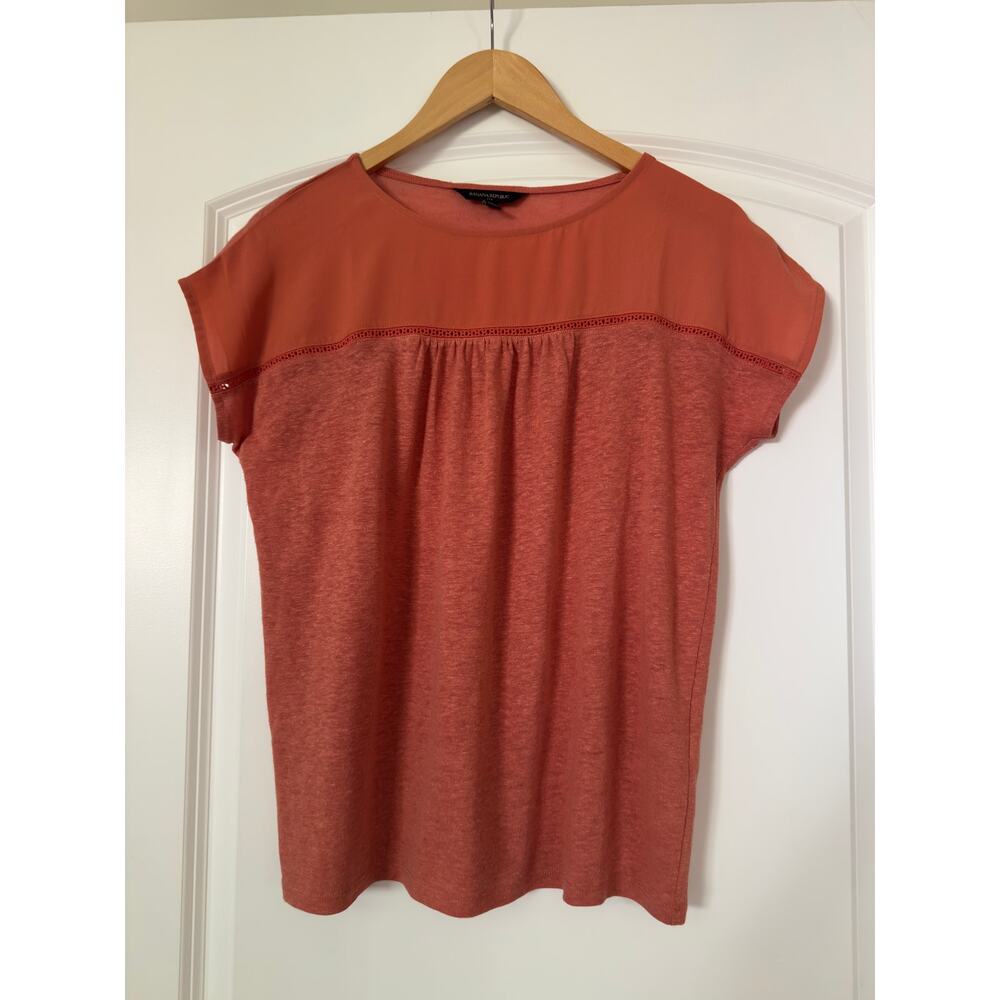 Banana Republic Coral Orange Linen Blend Short Sleeve Yoke Blouse Small